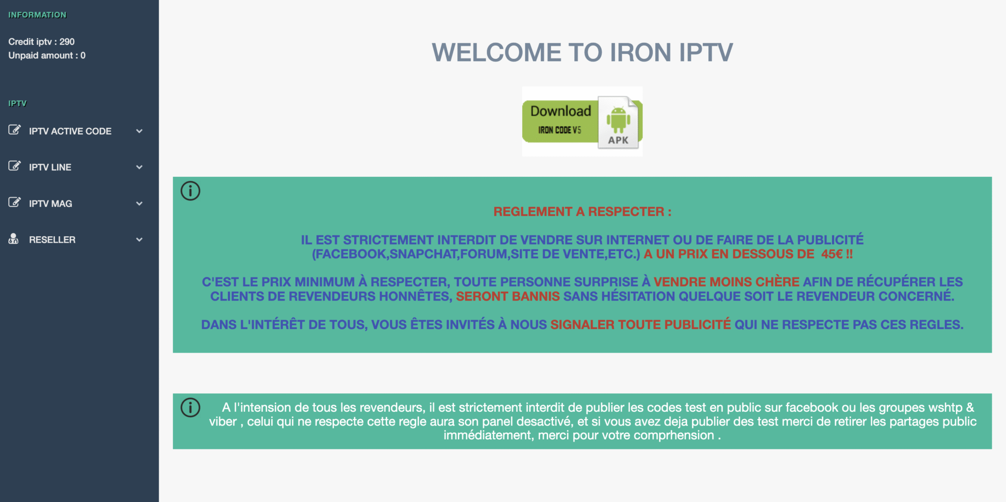 Panel revendeur IPTV IRON TV PRO